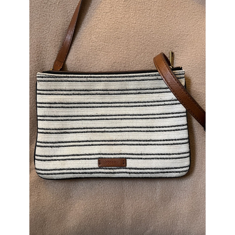 Fossil Striped Crossbody Bag Neutral Fabric Leather Women's Purse Coastal